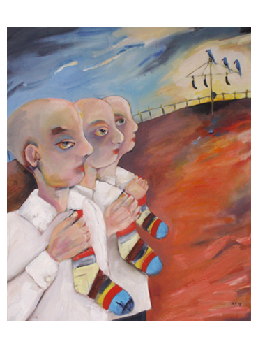 men holding striped socks for the washing line